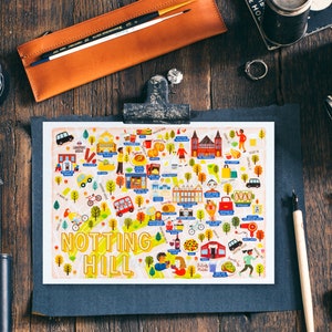 Postal con el mapa de Notting Hill - Mapa de Notting Hill - Mapa ilustrado de Notting Hill - Regalo de viaje - Postal A6