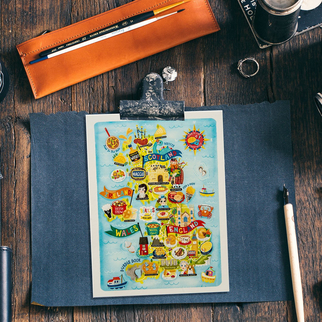 UK Map Postcard. Illustrated map of UK A6 size