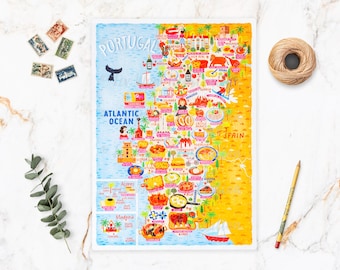 May include: A colorful illustrated map of Portugal and Spain with a focus on food. The map shows the Atlantic Ocean, the Iberian Peninsula, and various cities and regions. The map is filled with illustrations of traditional Portuguese and Spanish foods, such as seafood, pastries, and cheeses.