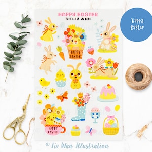 Folha de adesivos de feliz Páscoa - folha de adesivos Kawaii - papel de carta Kawaii - folha de adesivos fofos - adesivos para laptop e capa de telefone
