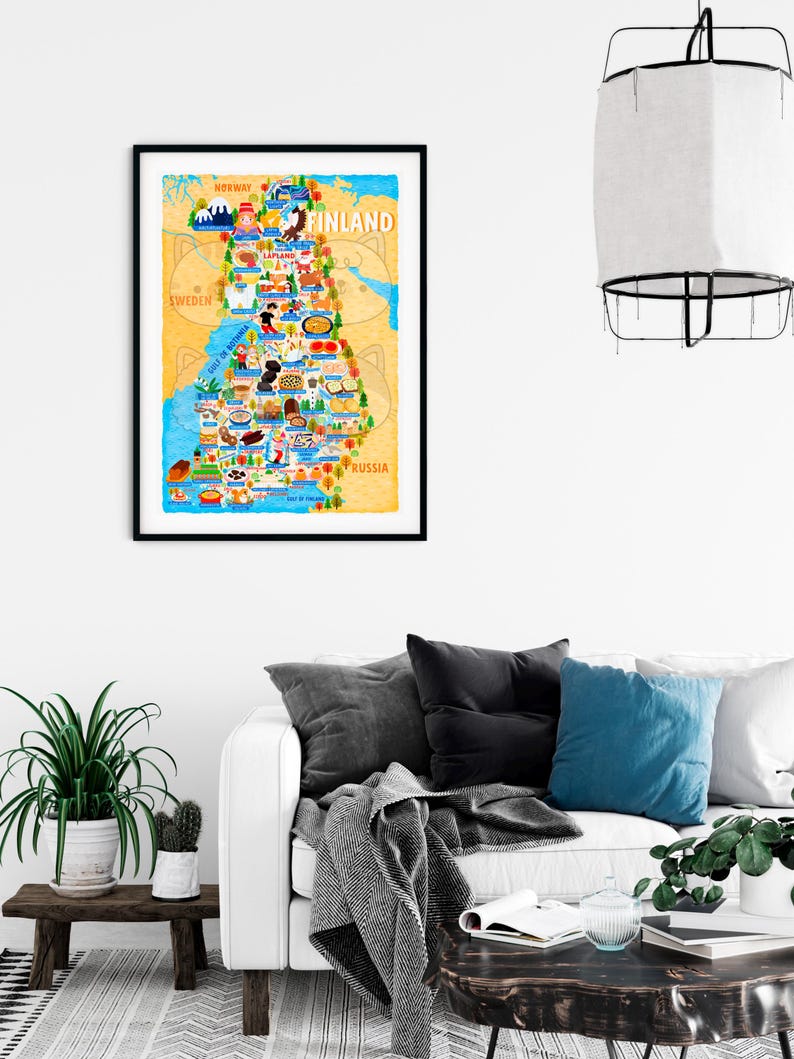 Plakat z mapą Finlandii - Mapa Finlandii - Mapa Finlandii - Ilustrowana mapa Finlandii - Sztuka ścienna - Wystrój domu - Prezent do domu - Plakat na prezent Darmowa wysyłka zdjęcie 2