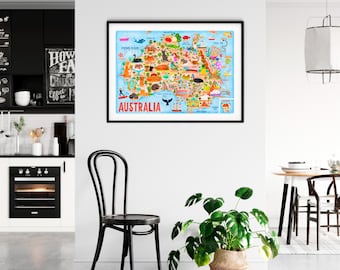 Poster con mappa dell'Australia - Mappa dell'Australia - Mappa dell'Australia - Mappa illustrata dell'Australia - Arte murale - Decorazione per la casa - Regalo per la casa - Spedizione gratuita