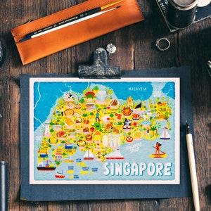 Singapore Map Postcard - Map of Singapore - Singapore Map - Illustrated Singapore Map - Travel Gift - A6 postcard