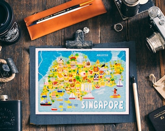 Singapore Map Postcard - Map of Singapore - Singapore Map - Illustrated Singapore Map - Travel Gift - A6 postcard