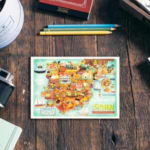 Cartolina con mappa della Spagna - Mappa della Spagna - Mappa della Spagna - Mappa illustrata della Spagna - Regalo di viaggio - Cartolina A6
