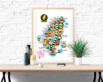 Taiwan Street Food Map Poster - Taiwan Map -  Map of Taiwan - Illustrated Taiwan Map - Wall Art - Home Decor - Home Gift - Poster Gift