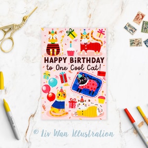 Happy Birthday You Cool Cat Postkarte, lustige A6 handgemachte Geburtstagskarte
