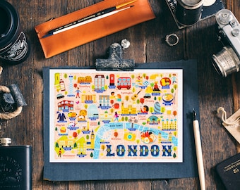 Cartão postal com mapa de Londres - Mapa de Londres - Mapa de Londres - Mapa ilustrado de Londres - Presente de viagem - Cartão postal A6