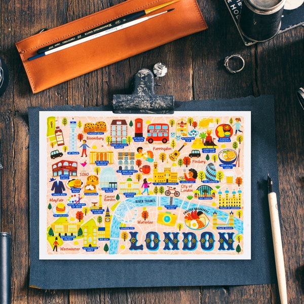 London Map Postcard - Map of London - London Map - Illustrated London Map - Travel Gift - A6 postcard