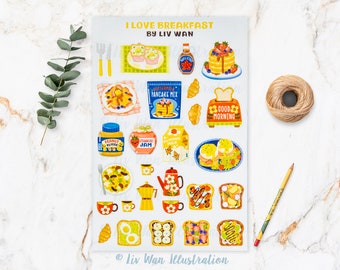 Stickervel I Love Breakfast - Kawaii-stickervel - Kawaii-stationair - schattig stickervel - stickers laptop- en telefoonhoes