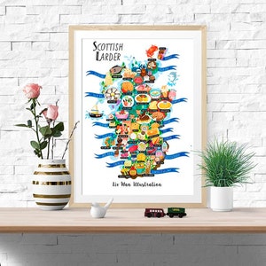 Poster de carte de garde-manger écossais - carte de l'Ecosse - carte de l'Ecosse - carte illustrée de l'Ecosse - art mural - décoration d'intérieur - cadeau pour la maison - cadeau poster