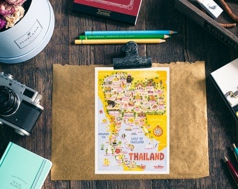 Thailand Map Postcard - Map of Thailand - Thailand Map - Illustrated Thailand Map - Travel Gift - A6 postcard