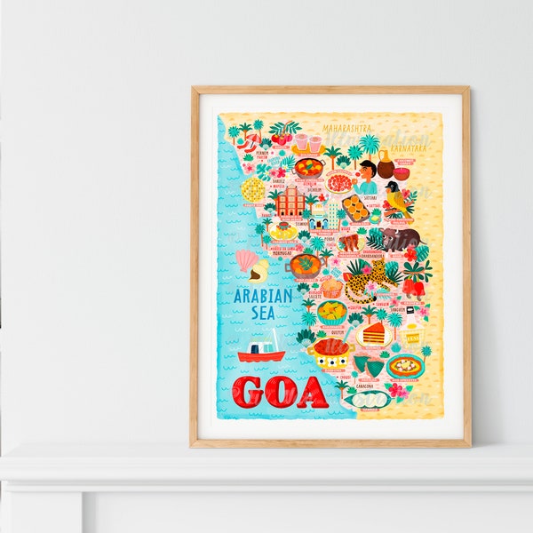 Affiche de carte de Goa - carte de Goa - carte de Goa - carte de Goa illustrée - art mural - décoration d'intérieur - cadeau pour la maison - cadeau d'art