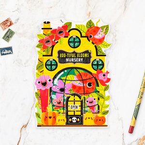 Halloween Garden Nursery Postcard HW-6. Fun cut out Halloween postcard, A6