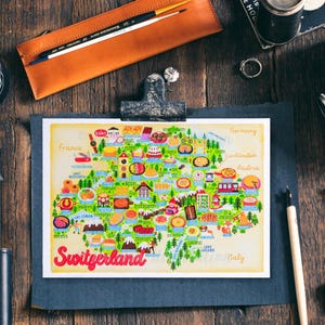 Carte postale de la Suisse - Carte de la Suisse - Carte de la Suisse - Carte illustrée de la Suisse - Cadeau de voyage - Carte postale A6