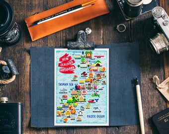 New Zealand Map Postcard - Map of New Zealand - New Zealand Map - Illustrated New Zealand Map - Travel Gift - A6 postcard