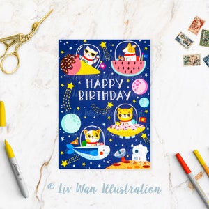 Carte postale joyeux anniversaire animaux de l'espace, carte d'anniversaire A6 amusante faite main