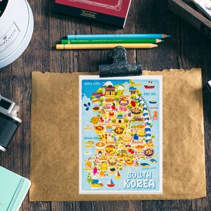 Südkorea Karte Postkarte - Landkarte von Südkorea - Südkorea Karte - Illustrierte Südkorea Karte - Reisegeschenk - A6 Postkarte