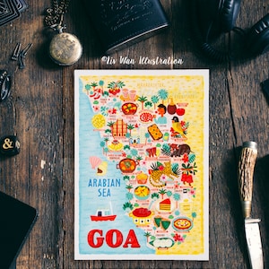 Carte postale de Goa - carte de Goa - carte de Goa - carte de Goa illustrée - cadeau de voyage - carte de l'Inde