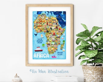 Affiche de carte de l'Afrique - carte de l'Afrique - carte de l'Afrique - carte de l'Afrique illustrée - art mural - décoration d'intérieur - cadeau pour la maison - cadeau poster