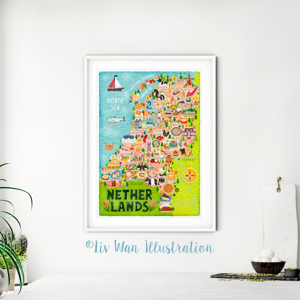 Cartel del mapa de los Países Bajos - Mapa de los Países Bajos - Mapa de los Países Bajos - Mapa ilustrado de los Países Bajos - Arte de la pared - Decoración del hogar - Regalo del hogar