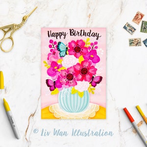 Happy Birthday Blumen Postkarte, handgefertigte Geburtstagskarte im A6 Format