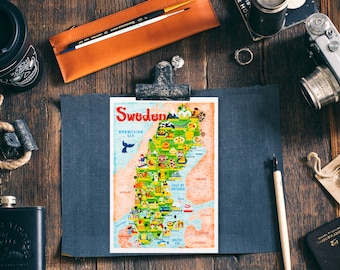 May include: A colorful illustrated map of Sweden with the title "Sweden" and the text "Norwegian Sea" and "Gulf of Bothnia".