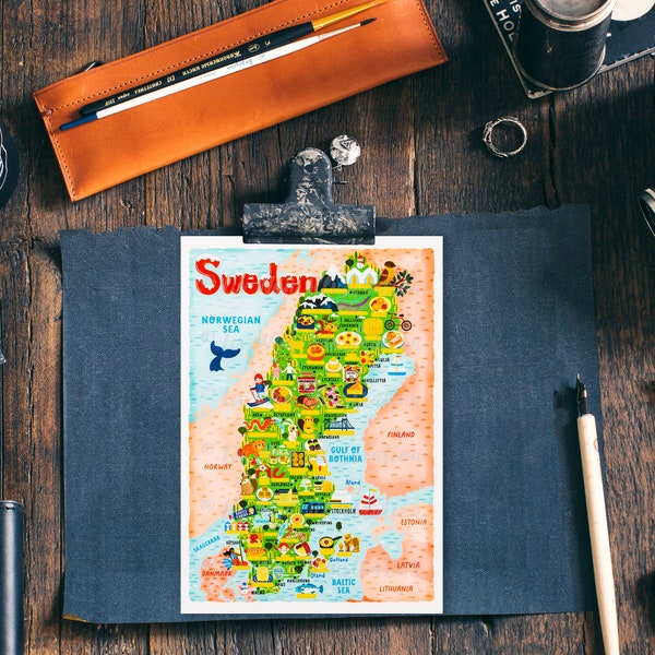 Sweden Map Postcard - Map of Sweden - Sweden Map - Illustrated Sweden Map - Travel Gift - A6 postcard