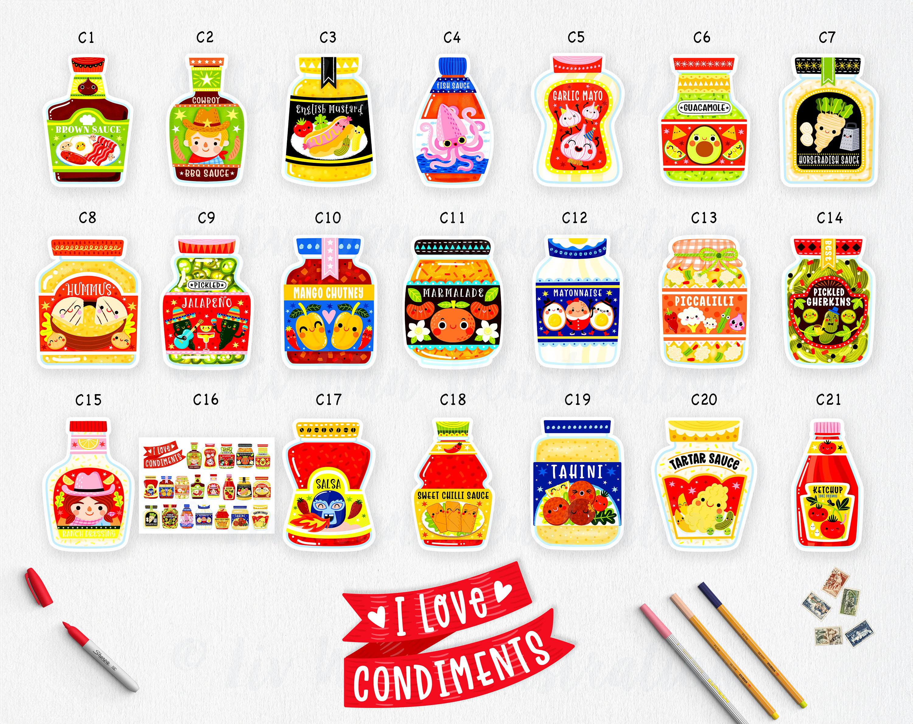 Condiments Postcard Collection - Food Postcard - Food Illustration ...