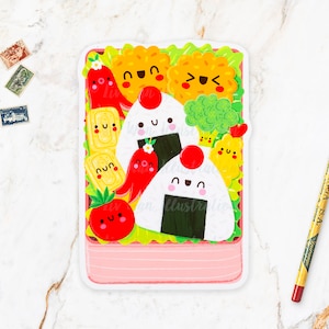 Carte postale boîte à bento kawaii - carte postale boîte à bento - cadeau kawaii - carte postale kawaii - illustration culinaire - carte postale découpée - carte postale en forme