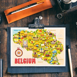 Postal con mapa de Bélgica - Mapa de Bélgica - Mapa de Bélgica - Mapa ilustrado de Bélgica - Regalo de viaje - Postal A6
