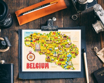 Belgium Map Postcard - Map of Belgium - Belgium Map - Illustrated Belgium Map - Travel Gift - A6 postcard