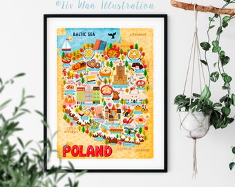 Póster de mapa de Polonia - Mapa de Polonia - Mapa de Polonia - Mapa ilustrado de Polonia - Arte de pared - Decoración del hogar - Regalo para el hogar - Póster de regalo