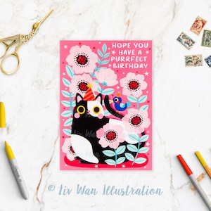 Have a Purrfect Birthday Postkarte, Spaß handgemachte A6 Geburtstagskarte