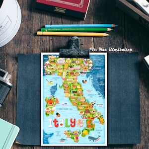 Carte postale de l'Italie - carte de l'Italie - carte de l'Italie - carte de l'Italie illustrée - cadeau de voyage - carte postale A6