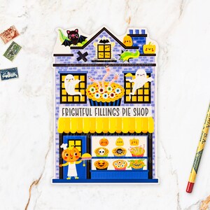 Frightful Fillings Pie Shop Halloween Postcard HW23-3. Fun cut out Halloween postcard, A6
