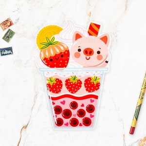 Erdbeerschwein Bubble Tea Postkarte. Lustige Bubble Tea Postkarte. Größe A6