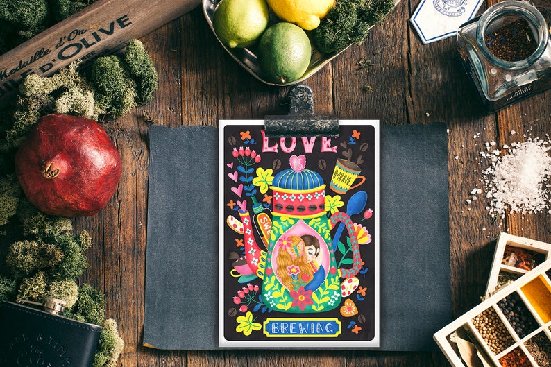 Coffee Lovers-Barista Magic Post Card Illustration Mini Print Wall Art