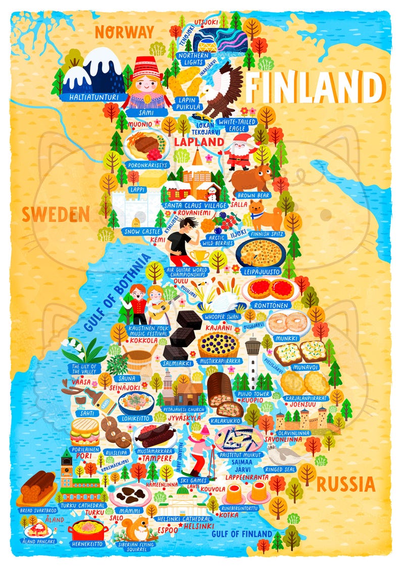Plakat z mapą Finlandii - Mapa Finlandii - Mapa Finlandii - Ilustrowana mapa Finlandii - Sztuka ścienna - Wystrój domu - Prezent do domu - Plakat na prezent Darmowa wysyłka zdjęcie 9