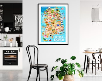 Póster del mapa de Corea del Sur - Mapa de Corea del Sur - Mapa ilustrado de Corea del Sur - Arte mural - Decoración del hogar - Envío gratuito