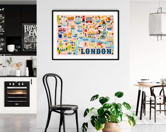 London Map Poster - London Map -  Map of London - Illustrated London Map - Wall Art - Home Decor - Home Gift - Poster Gift - Free shipping