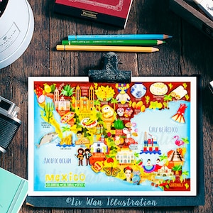 Meksyk Mapa Pocztówka - Mapa Meksyku - Mapa Meksyku - Ilustrowana Mapa Meksyku - Prezent Podróżniczy - Pocztówka A6