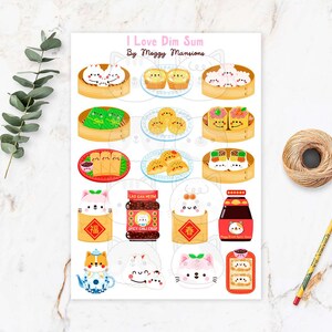 以下が含まれることがあります： 「I Love Dim Sum」というタイトルのカラフルなイラストで、さまざまな点心料理と可愛らしい動物のキャラクターが描かれています。画像には、餃子、パン、ソースなどが含まれており、すべて遊び心があり、魅力的なスタイルで表現されており、食べ物好きに最適です。