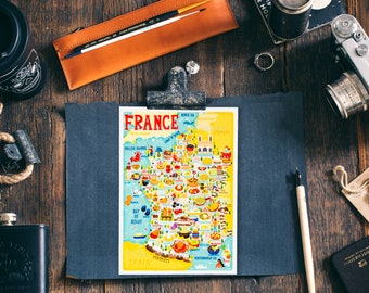 Frankreich Map Postkarte - Landkarte von Frankreich - France Map - Illustrierte Frankreich Landkarte - Reisegeschenk - A6 Postkarte