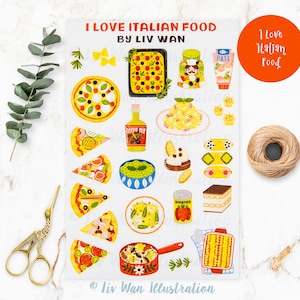 Eu amo folha de adesivos de comida italiana - folha de adesivos Kawaii - papel de carta Kawaii - folha de adesivos fofos - adesivos para laptop e capa de telefone