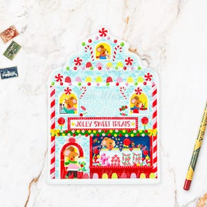 Carte postale de magasin de bonbons de Noël. XMAS24-6. Carte postale amusante de Noël Kawaii. R6. Carte postale en forme
