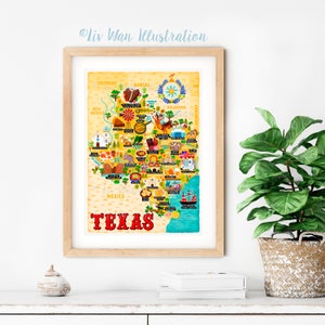 Poster de carte du Texas - carte du Texas - carte du Texas - carte du Texas illustrée - art mural - décoration d'intérieur - cadeau pour la maison - cadeau poster