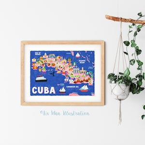 Affiche de carte de Cuba - carte de Cuba - carte de Cuba - carte de Cuba illustrée - art mural - décoration d'intérieur - cadeau pour la maison - cadeau poster