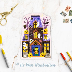 Haunted House Postcard. Fun cut out Halloween postcard, A6