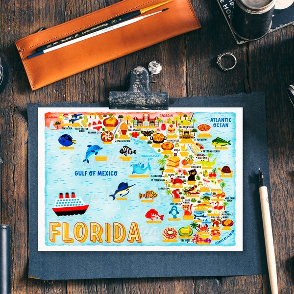 Florida Map Postcard - Map of Florida - Florida Map - Illustrated Florida Map - Travel Gift - A6 postcard